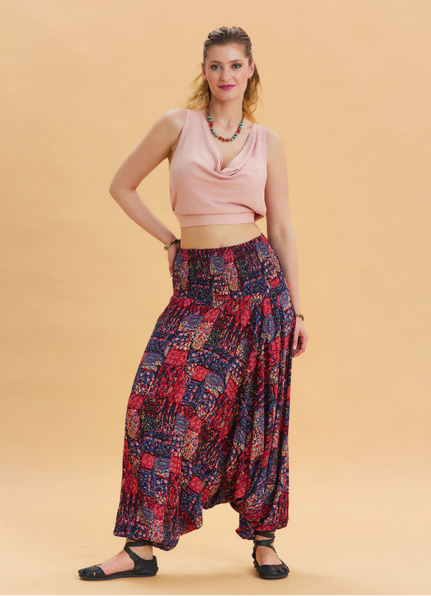 Red Bohemian Shalwar with Elastic Waist and Gipe Detail 4536